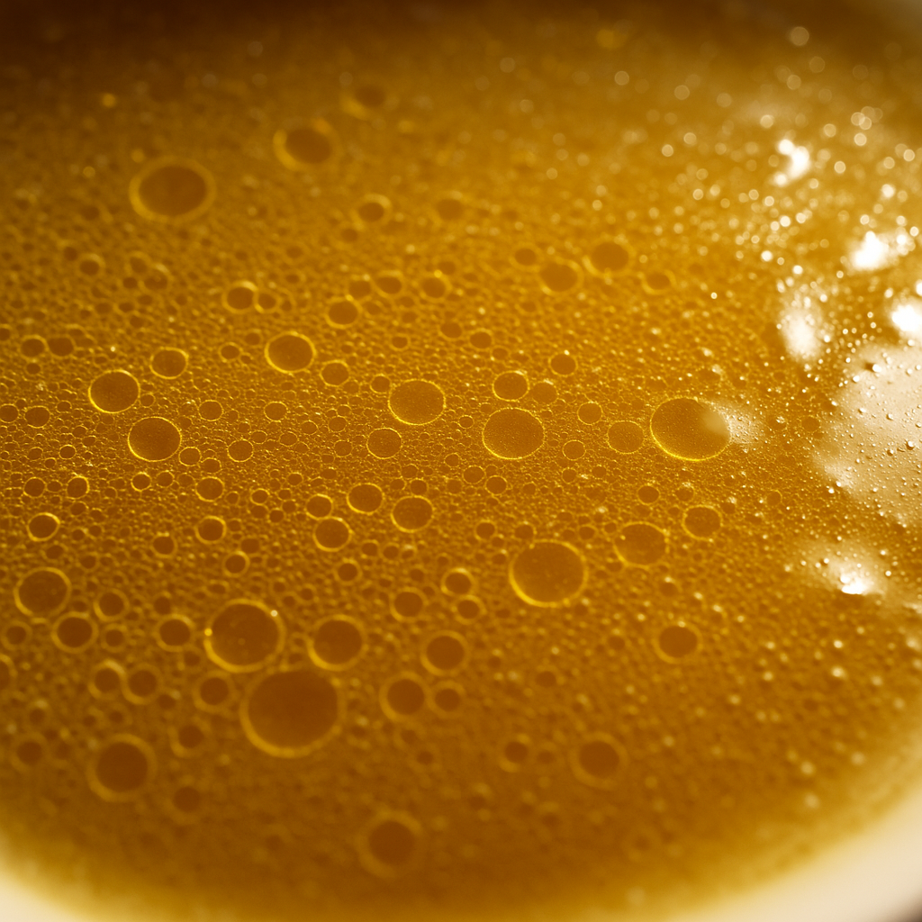 鶏油が光るスープ表面のクローズアップ